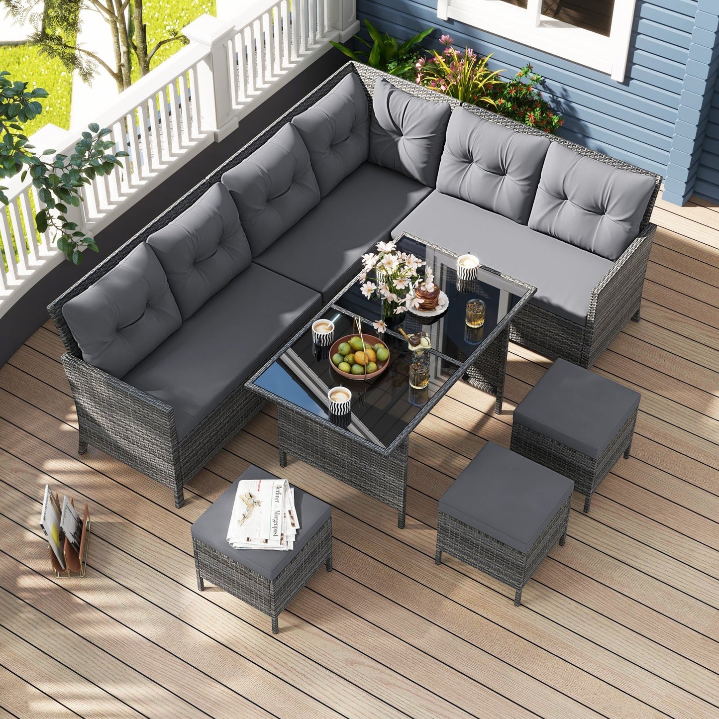 7 Pieces Patio Dining Furniture Set Outdoor PE Rattan Sectional Sofa Set-Grey