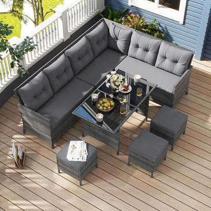 7 Pieces Patio Dining Furniture Set Outdoor PE Rattan Sectional Sofa Set-Grey