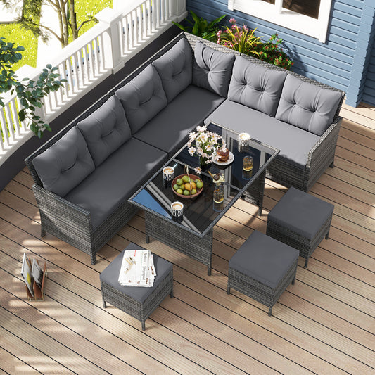 7 Pieces Patio Dining Furniture Set Outdoor PE Rattan Sectional Sofa Set-Grey