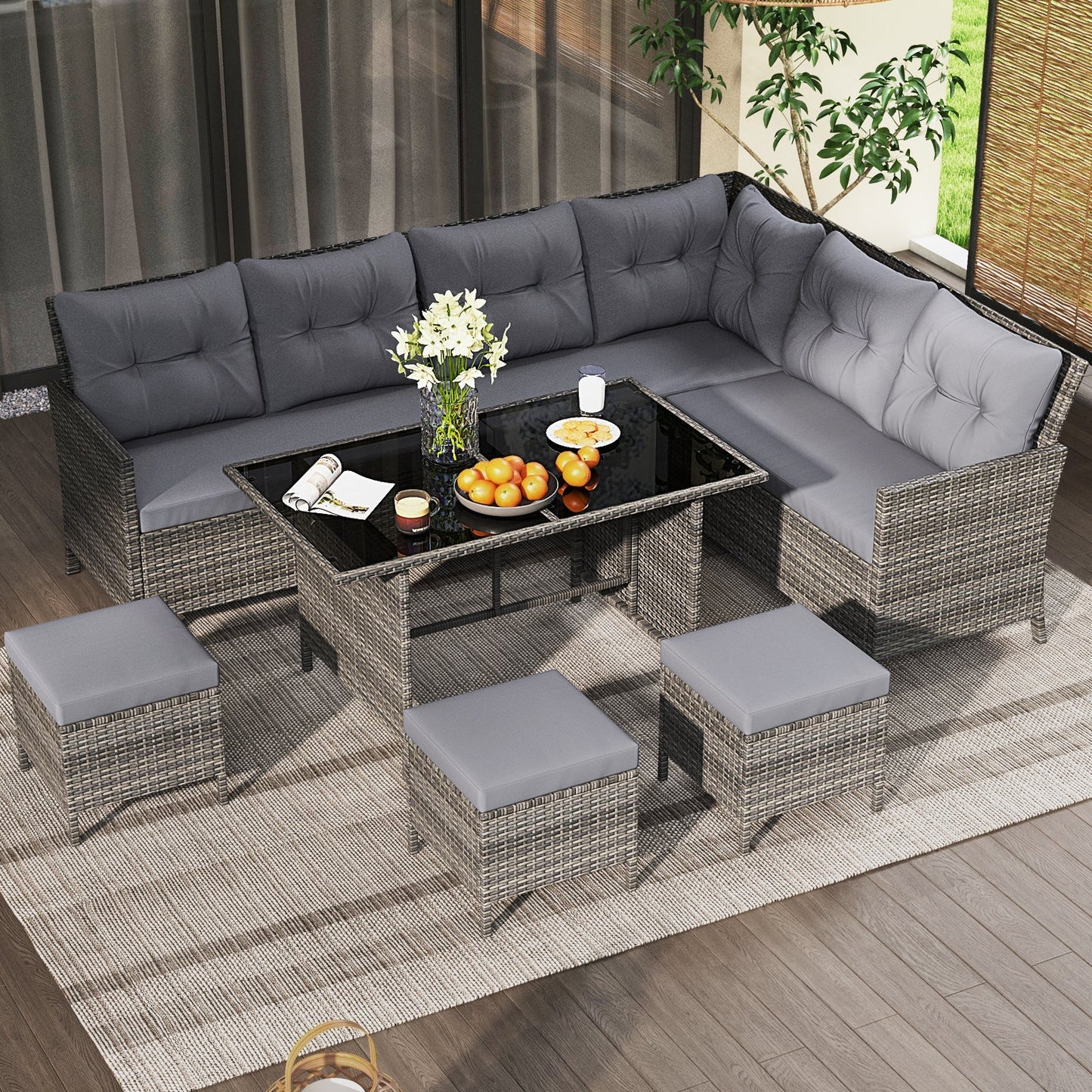 7 Pieces Patio Dining Furniture Set Outdoor PE Rattan Sectional Sofa Set-Grey
