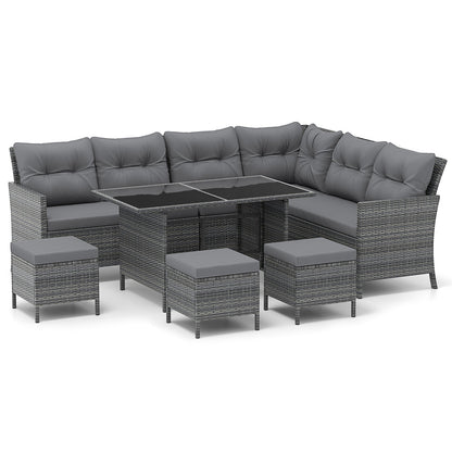 7 Pieces Patio Dining Furniture Set Outdoor PE Rattan Sectional Sofa Set-Grey