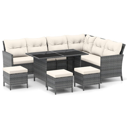 7 Pieces Patio Dining Furniture Set Outdoor PE Rattan Sectional Sofa Set-Off White