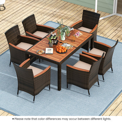7 Pieces Patio Wicker Dining Set Acacia Wood Table and 6 Stackable Chairs