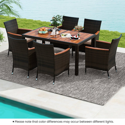 7 Pieces Patio Wicker Dining Set Acacia Wood Table and 6 Stackable Chairs