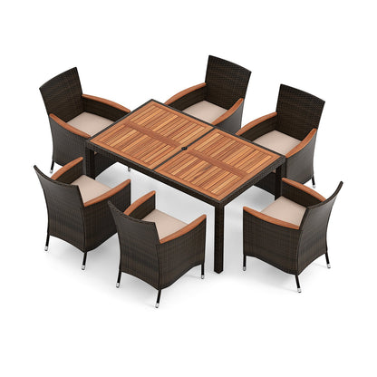 7 Pieces Patio Wicker Dining Set Acacia Wood Table and 6 Stackable Chairs
