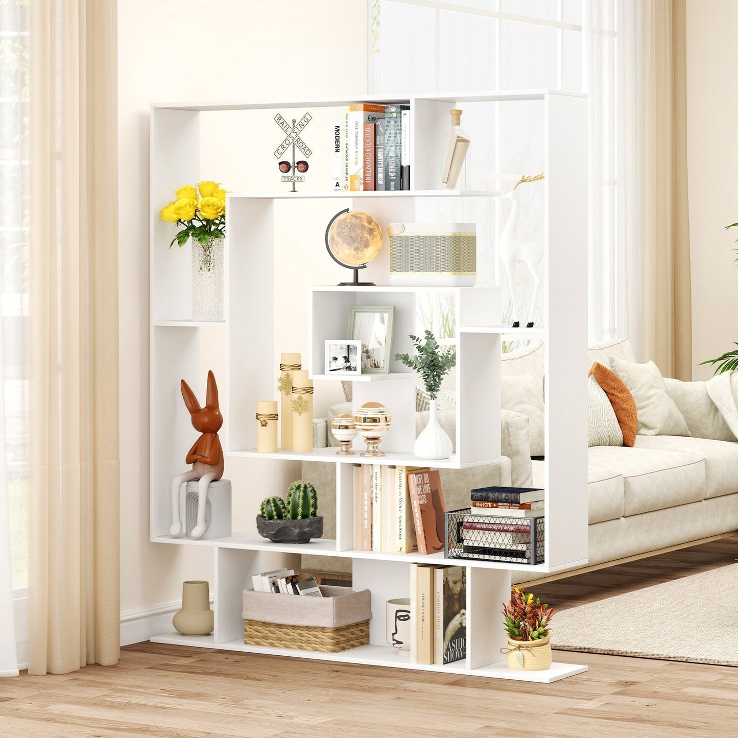 7-Tier Geometric Bookshelf with 2 Anti-Tipping Kits-White