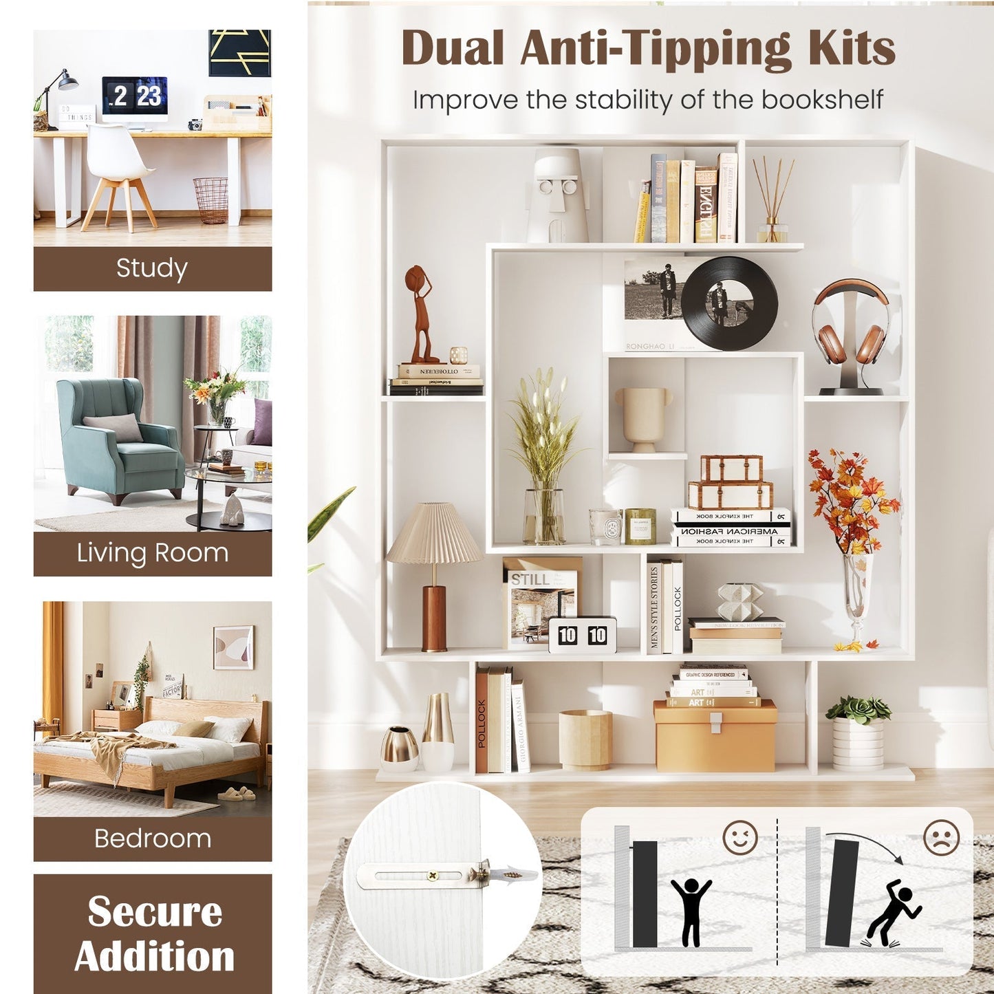 7-Tier Geometric Bookshelf with 2 Anti-Tipping Kits-White