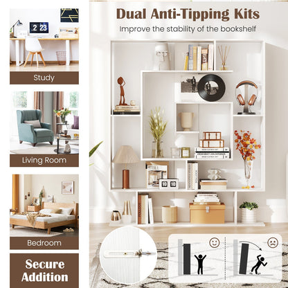 7-Tier Geometric Bookshelf with 2 Anti-Tipping Kits-White