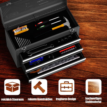 Portable Metal Tool Box with 3 Drawers and Storage Tray, Tool Case 52cm Black