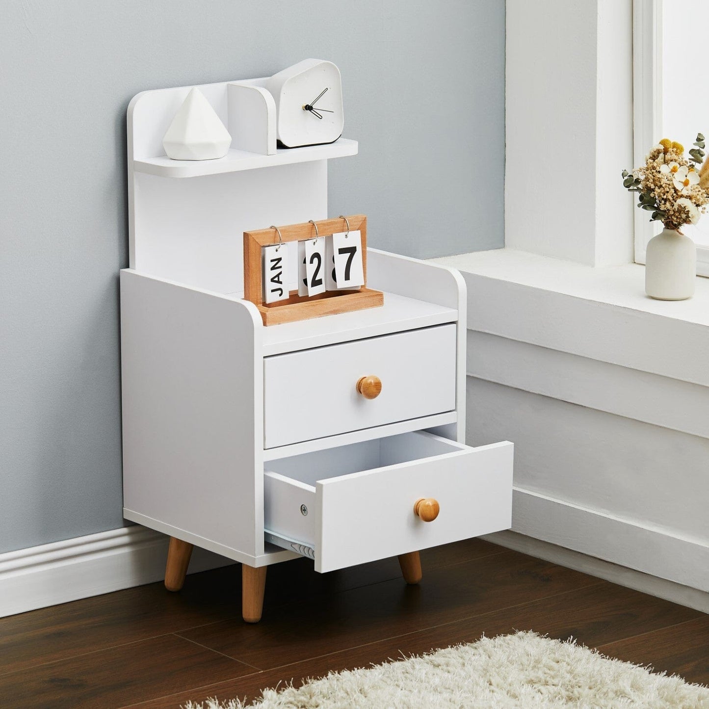 White Wooden Bedside Table with Wooden Legs and Drawers