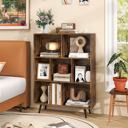 7-Cube Bookcase Mid Century Modern Storage Organizer with 4 Tapered Metal Legs-Coffee