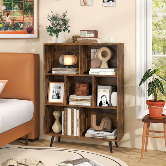 7-Cube Bookcase Mid Century Modern Storage Organizer with 4 Tapered Metal Legs-Coffee