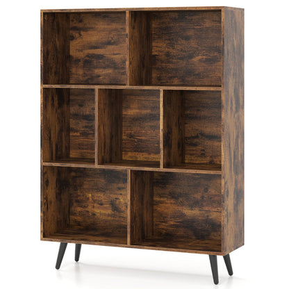 7-Cube Bookcase Mid Century Modern Storage Organizer with 4 Tapered Metal Legs-Coffee