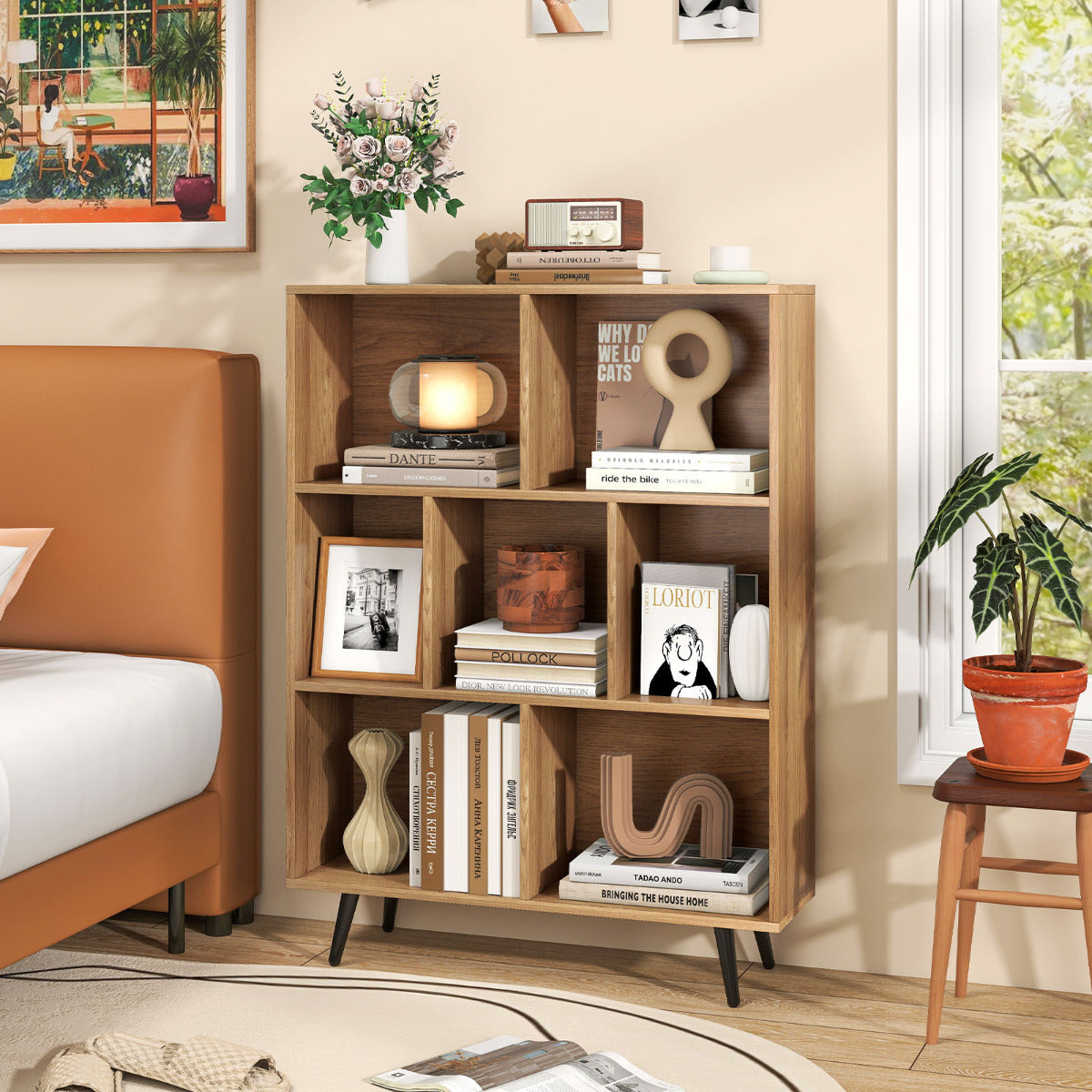 7-Cube Bookcase Mid Century Modern Storage Organizer with 4 Tapered Metal Legs-Natural