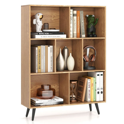7-Cube Bookcase Mid Century Modern Storage Organizer with 4 Tapered Metal Legs-Natural