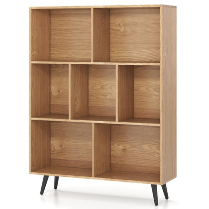 7-Cube Bookcase Mid Century Modern Storage Organizer with 4 Tapered Metal Legs-Natural