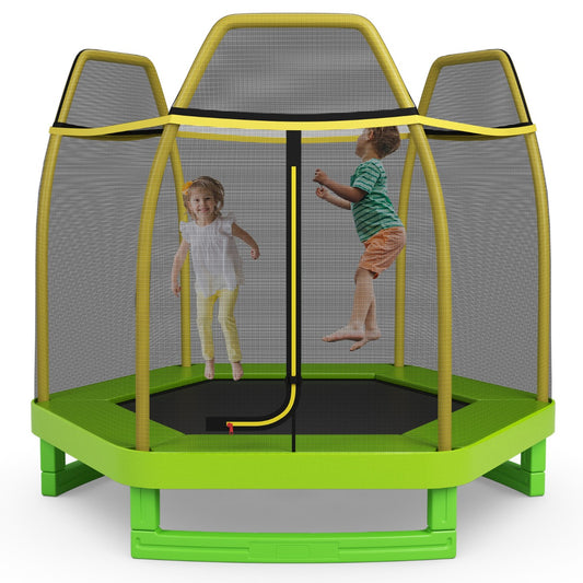 7 Feet Kids Trampoline with Safety Enclosure Net-Green