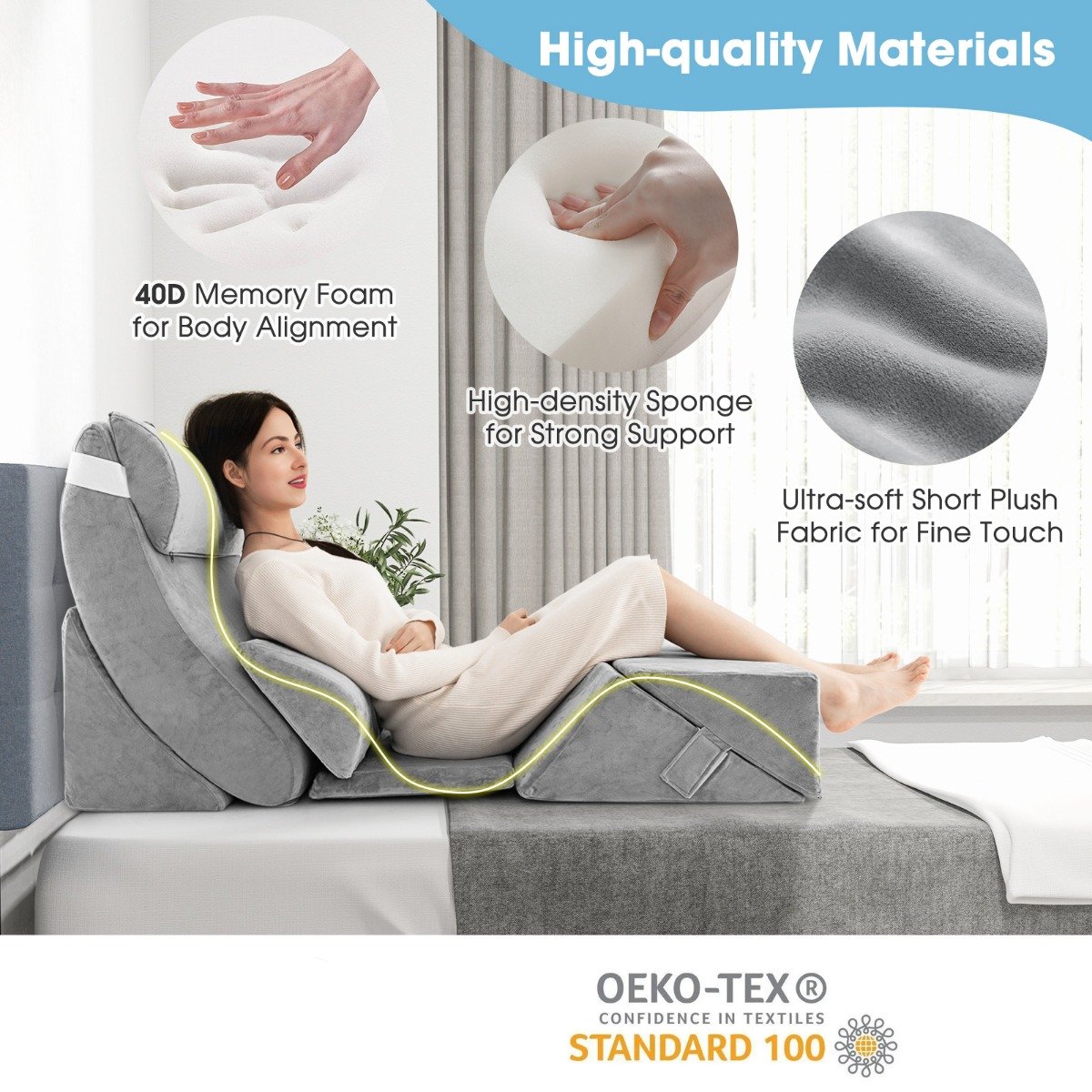 7 PCS Adjustable Support Pillow Set Bed Wedge Pillows with Memory Foam-Grey
