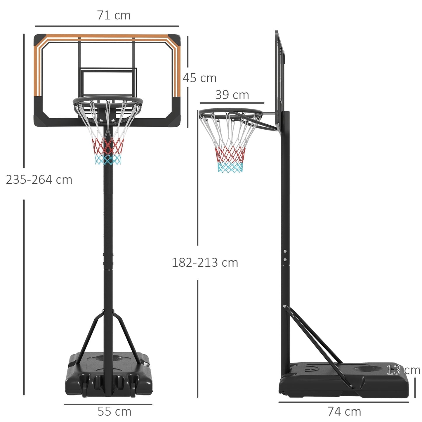 SPORTNOW Height Adjustable Basketball Stand Net Set System, Freestanding Basketball Hoop and Stand with Wheels, 182-213cm - Black