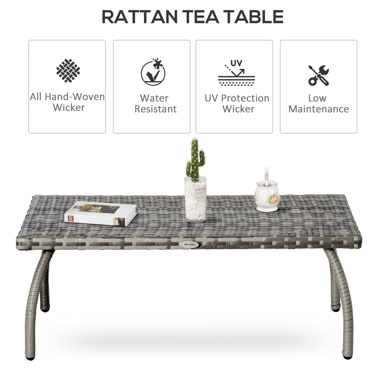 Outsunny Rattan Coffee Table Garden Furniture Wicker Side Table with All-Weather Material for Outdoor, Balcony, Backyard, Grey