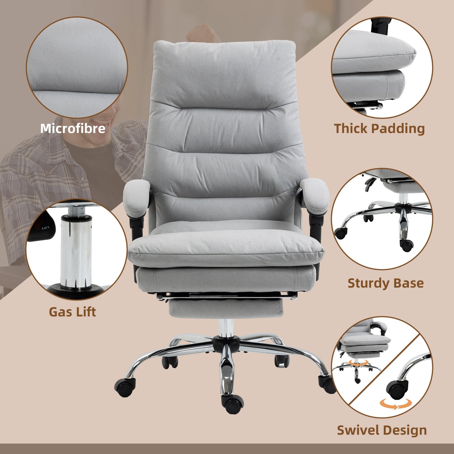 Vinsetto Vibration Massage Office Chair with Heat, Microfibre Computer Chair with Footrest, Armrest, Reclining Back, Double-tier Padding, Grey