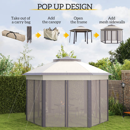 Outsunny Hexagon Garden Gazebo Pop Up Gazebo Outdoor Patio Double Roof Instant Shelter with Netting, 3 x 4m, Beige