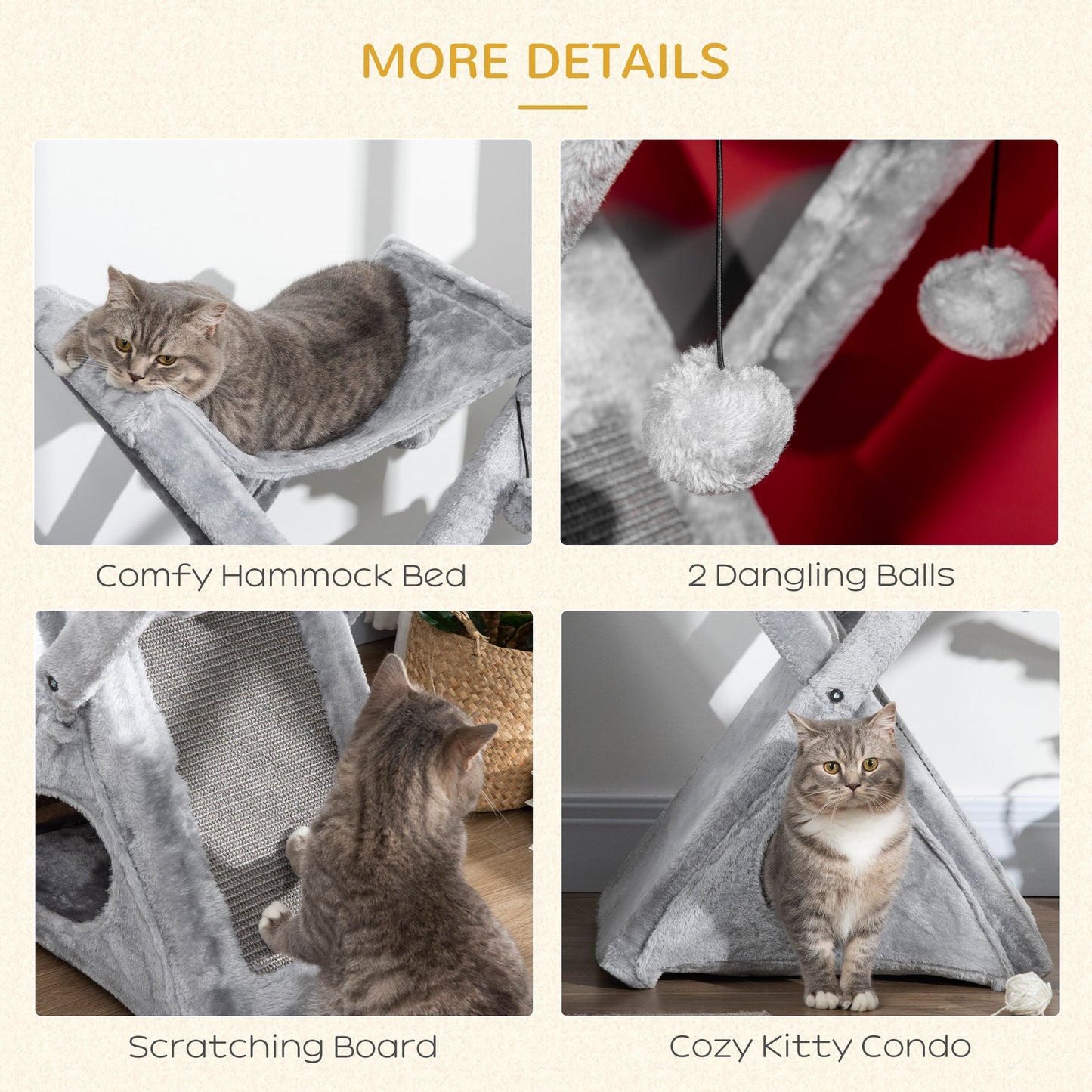 PawHut Two Tier Cat Tree for Indoor Cats Play Rest Activity Tower Plush Folding Relax Center w/ Scratching Post Hammock Pom Poms Grey