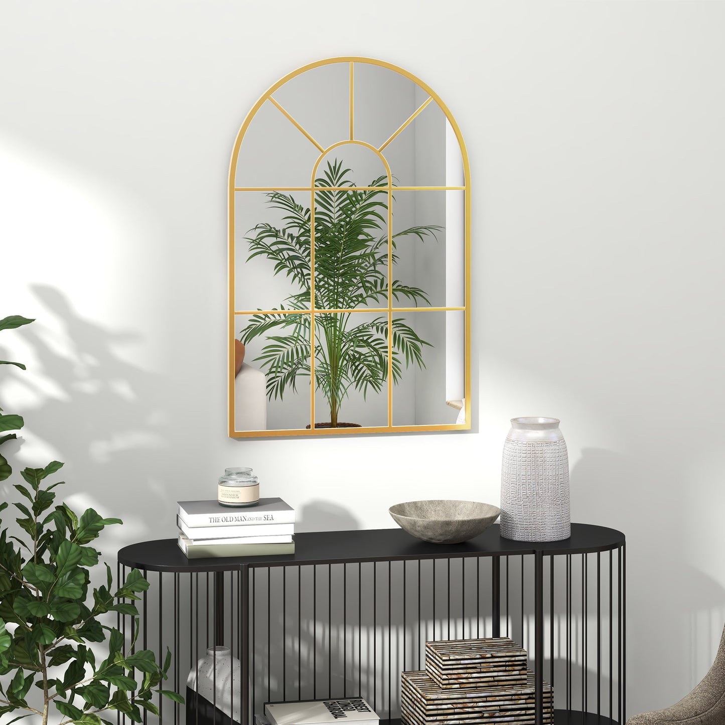 HOMCOM 90 X 61cm Arched Grid Mirror - Gold Tone