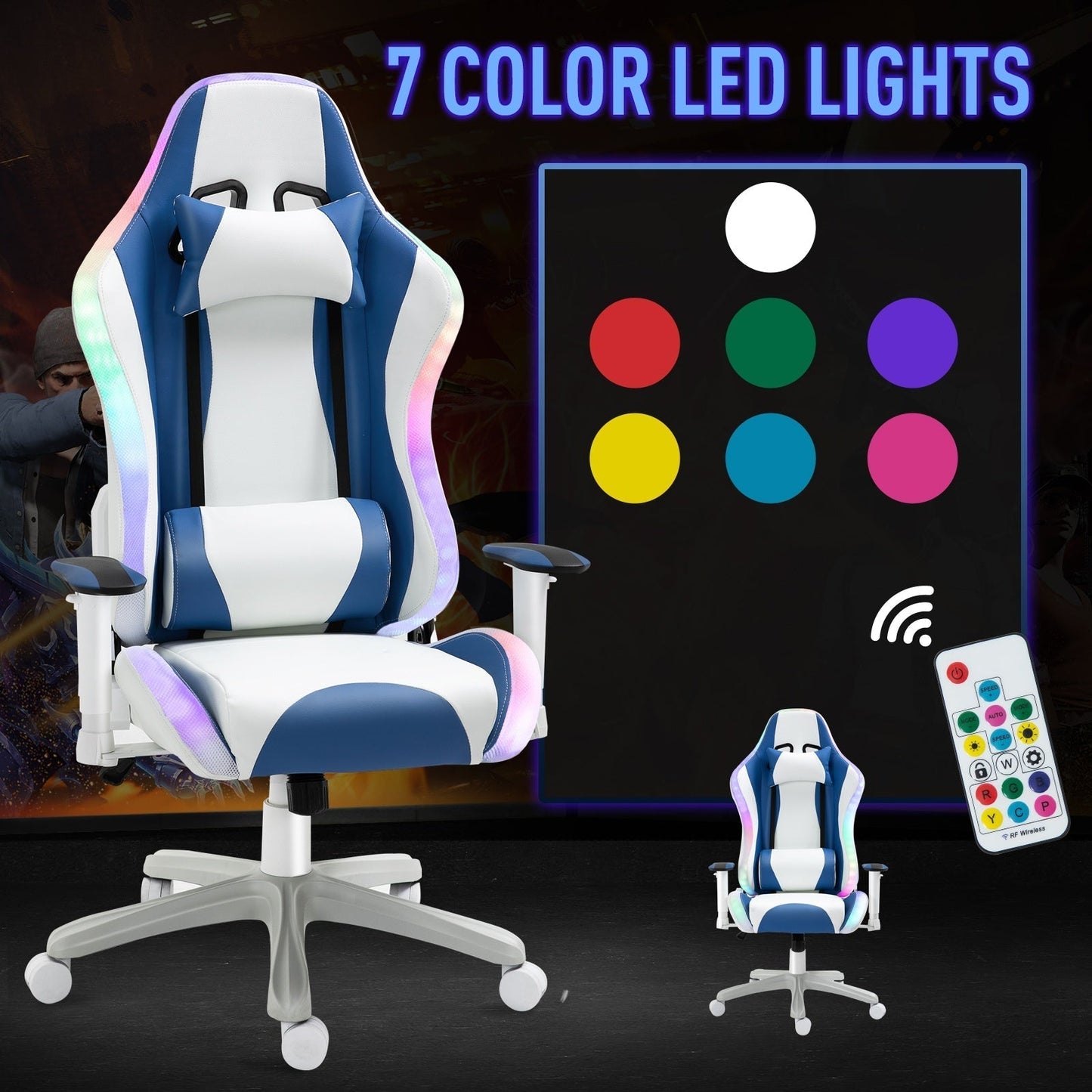 كرسي ألعاب الفيديو Vinsetto مع ضوء RGB LED ومكبرات صوت بلوتوث كرسي ألعاب سباقات الموسيقى من جلد البولي يوريثان يدور 360 درجة مع وسادة مسند للرأس، أبيض