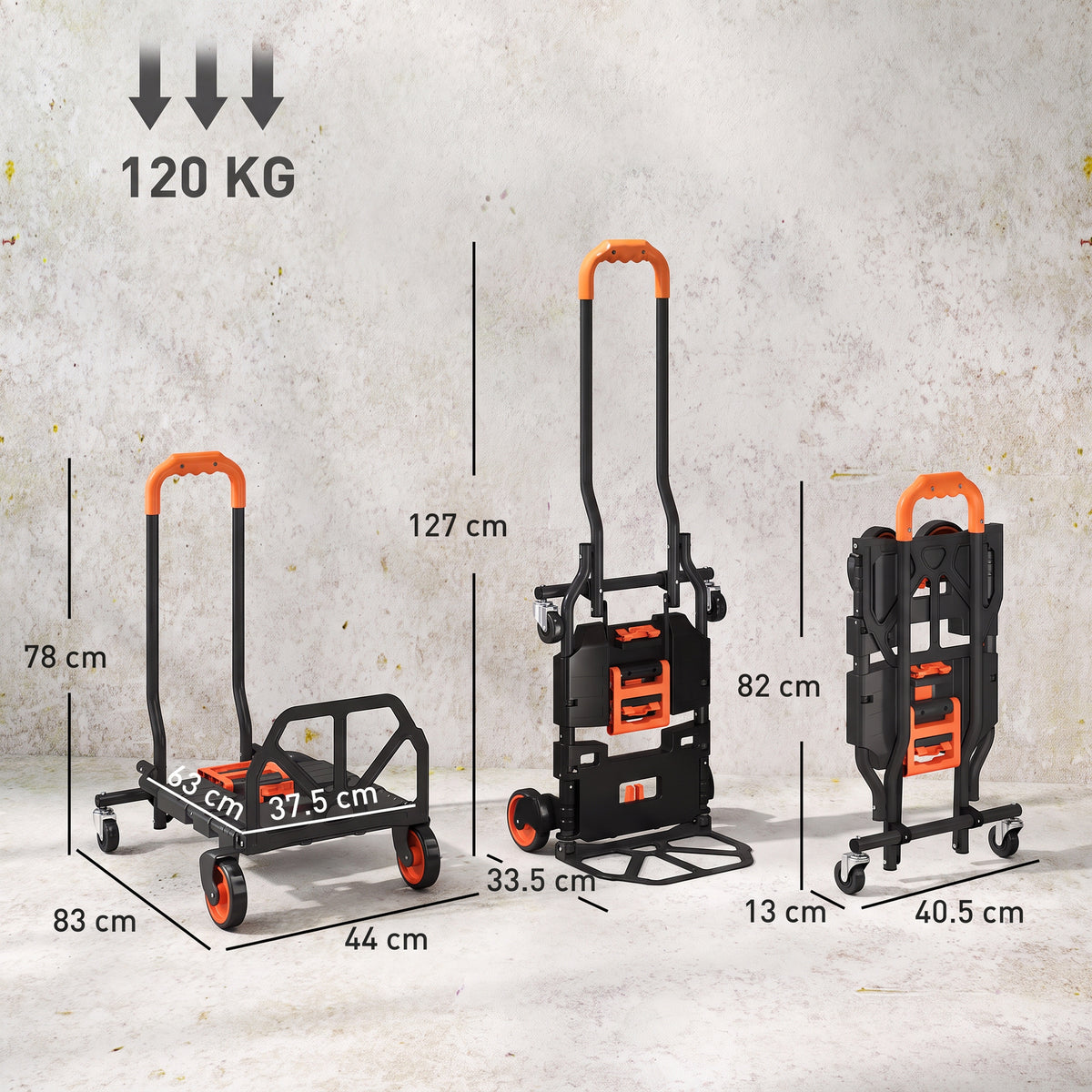 HOMCOM Steel 2-in-1 Folding Hand Truck on Wheels, Foldable Trolley with Foldable Base, 120kg, Black and Orange