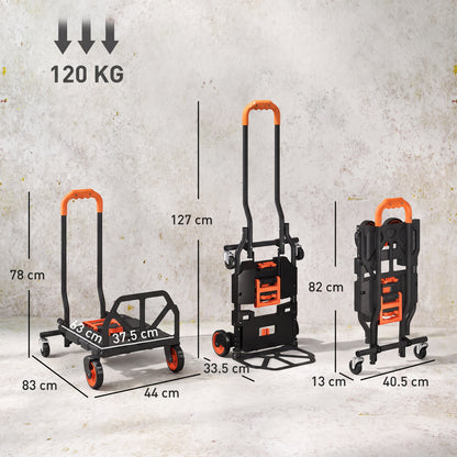 HOMCOM Steel 2-in-1 Folding Hand Truck on Wheels, Foldable Trolley with Foldable Base, 120kg, Black and Orange