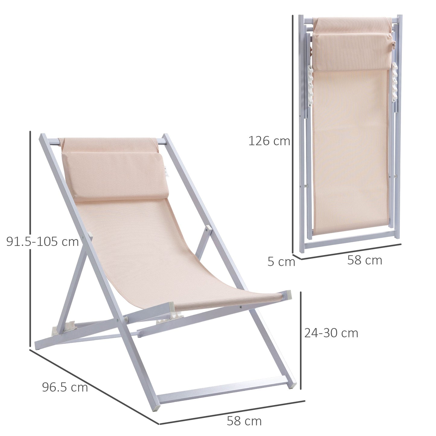 Outsunny Set of 2 Folding Garden Beach Aluminium Frame Deck Chairs Deckchairs Seaside Folding Garden Patio Lounger, Beige