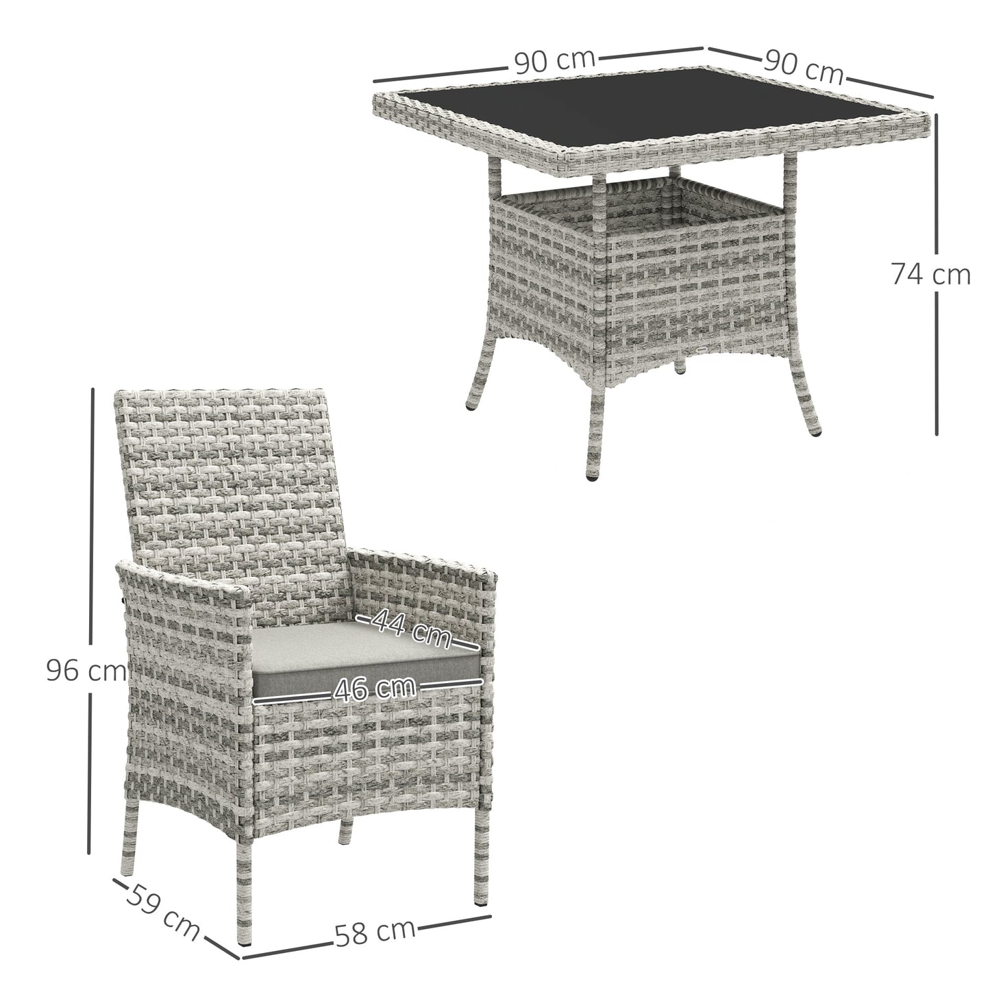 Outsunny Rattan Garden Furniture Set, Outdoor Dining Table and Chairs 4 Seater with Cushions, Square Tempered Glass Top, 4 Armchairs, for Balcony, Terrace, Conservatory, Mixed-Grey