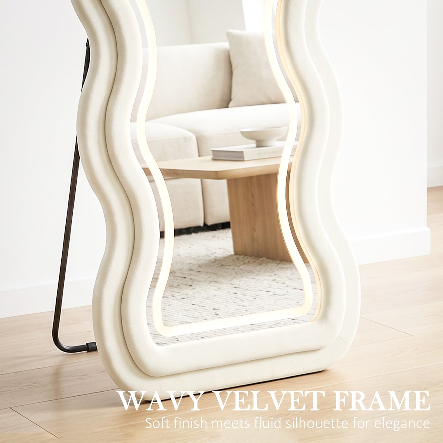 HOMCOM Full Length Mirror, 160 x 60 cm Wavy Full Body Wall Standing Mirror with Velvet Frame and LED Light Strip, Cream White
