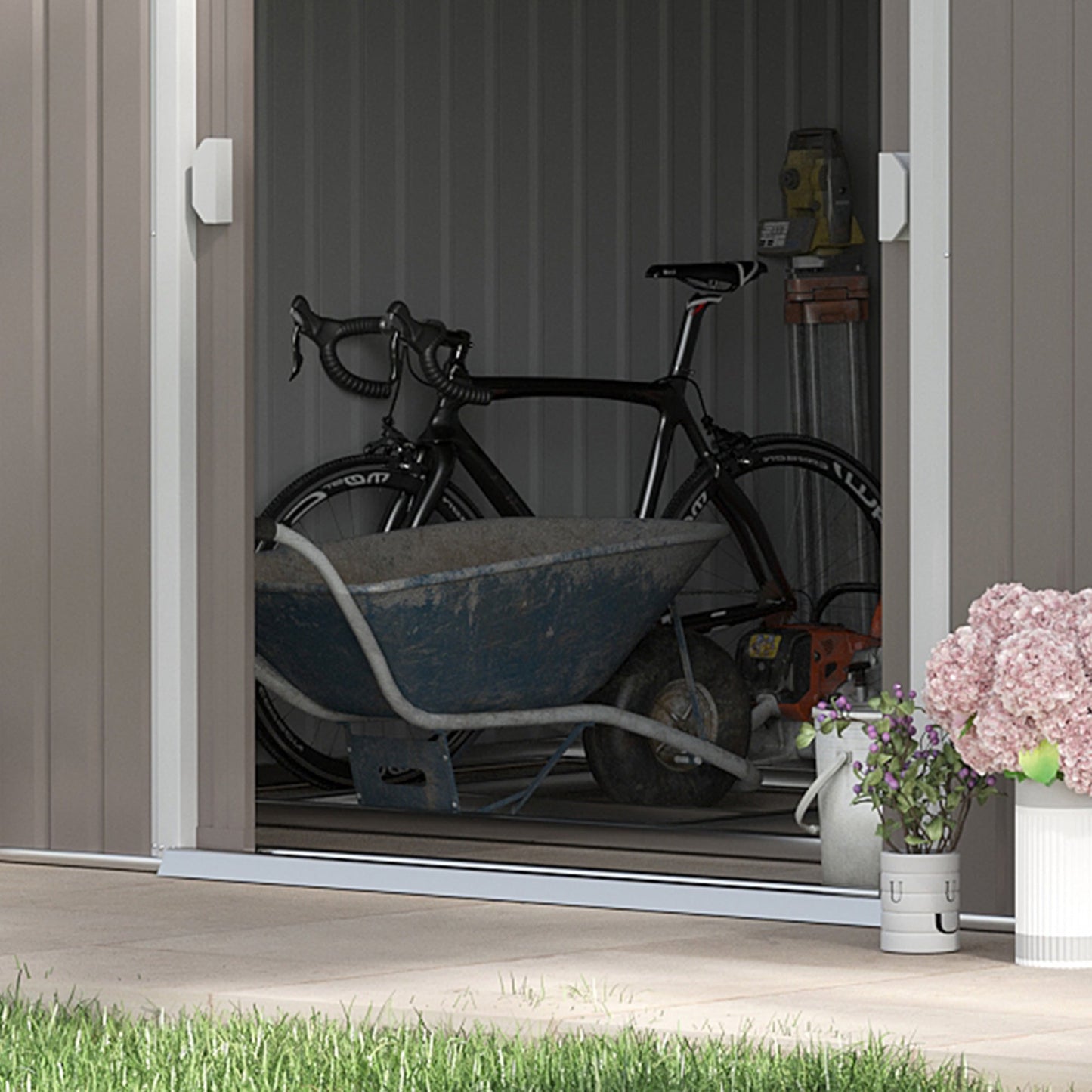 Outsunny 13 x 11ft Garden Metal Storage Shed Outdoor Storage Shed with Foundation Ventilation & Doors, Light Grey