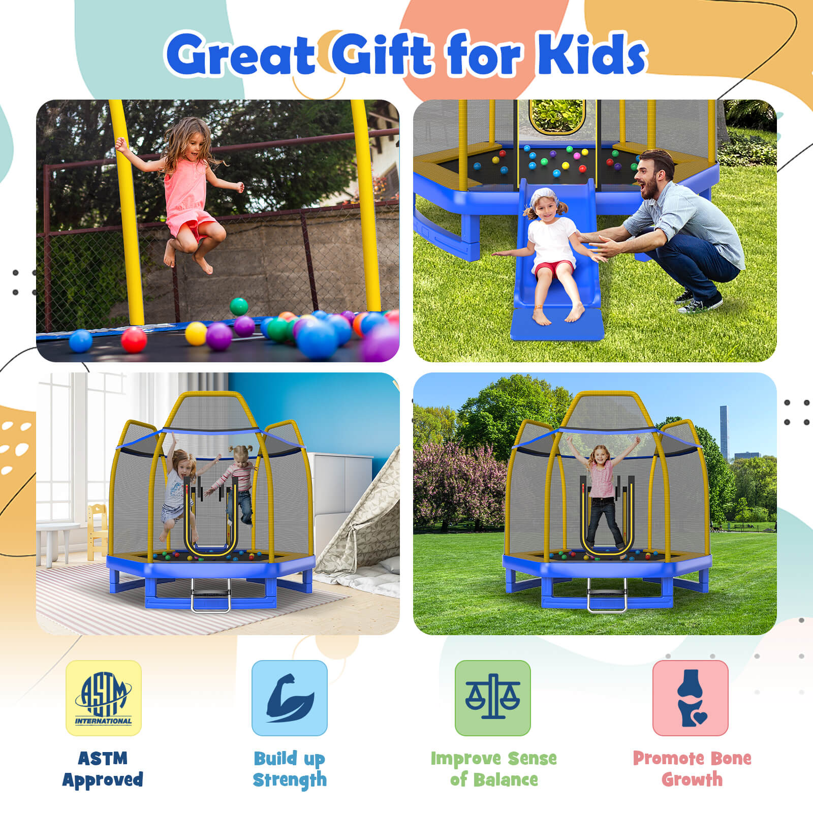 7 Feet Hexagonal Trampoline with Slide and Safety Enclosure Net-Blue