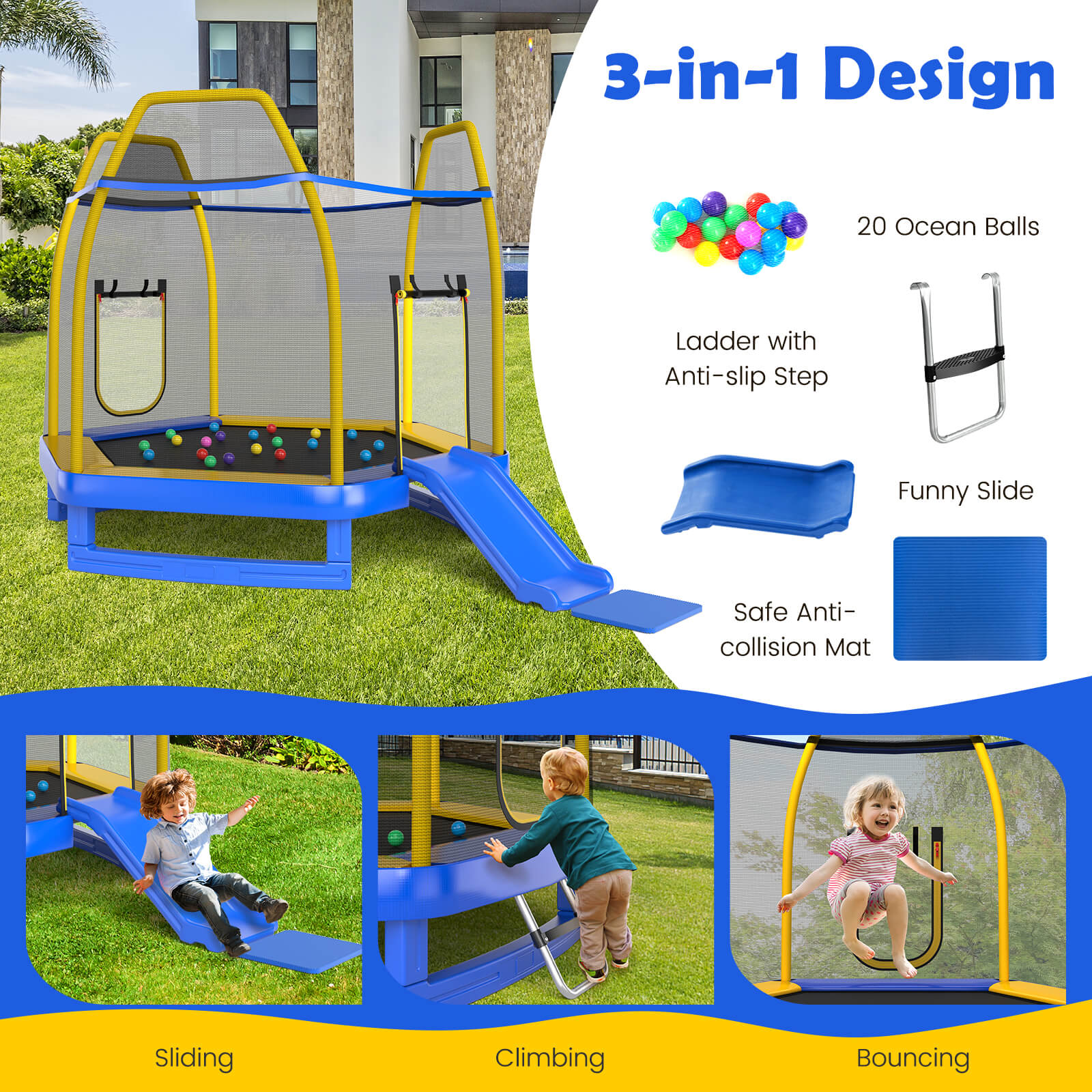 7 Feet Hexagonal Trampoline with Slide and Safety Enclosure Net-Blue