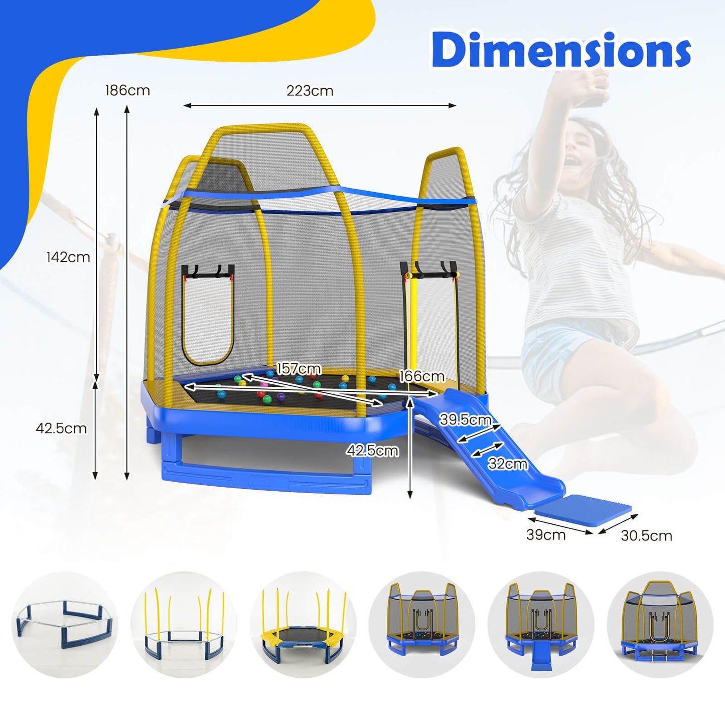 7 Feet Hexagonal Trampoline with Slide and Safety Enclosure Net-Blue