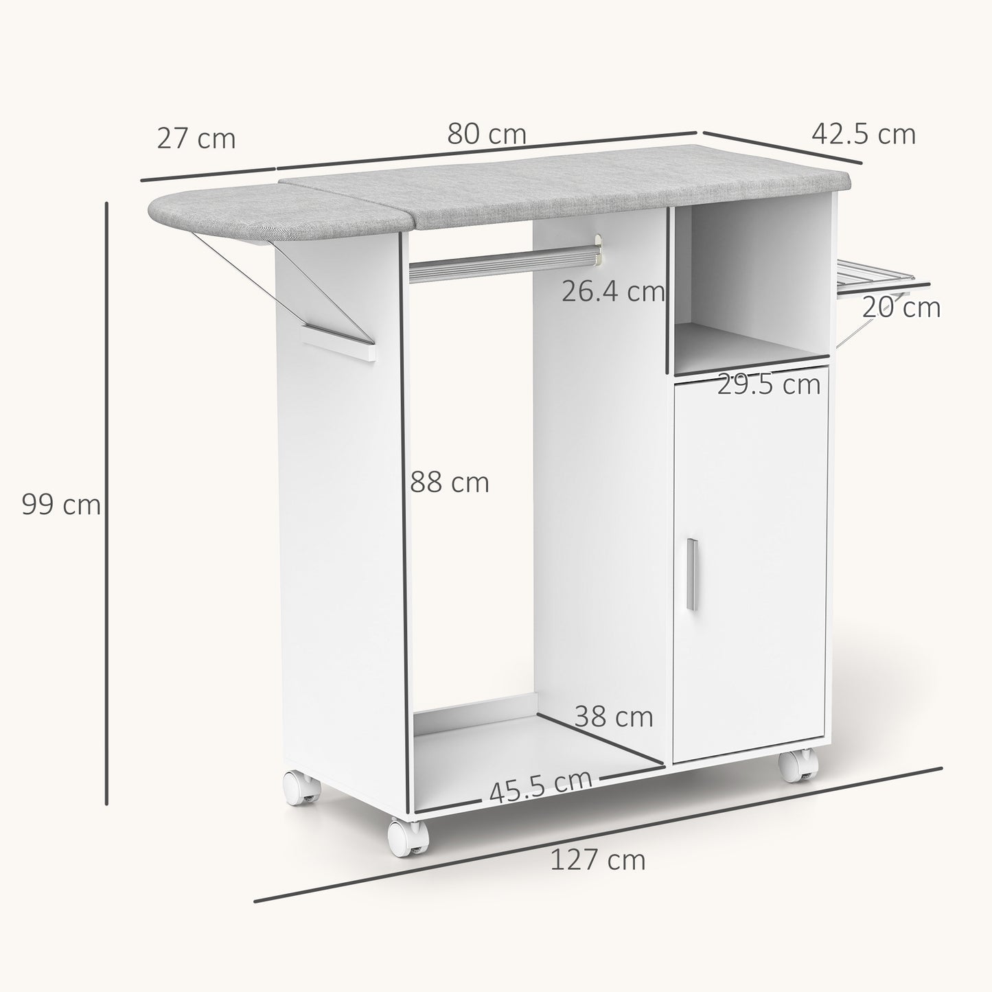 HOMCOM Rolling Ironing Board Cabinet, Foldable Ironing Station with Storage, Wheels for Home, Laundry Room, White