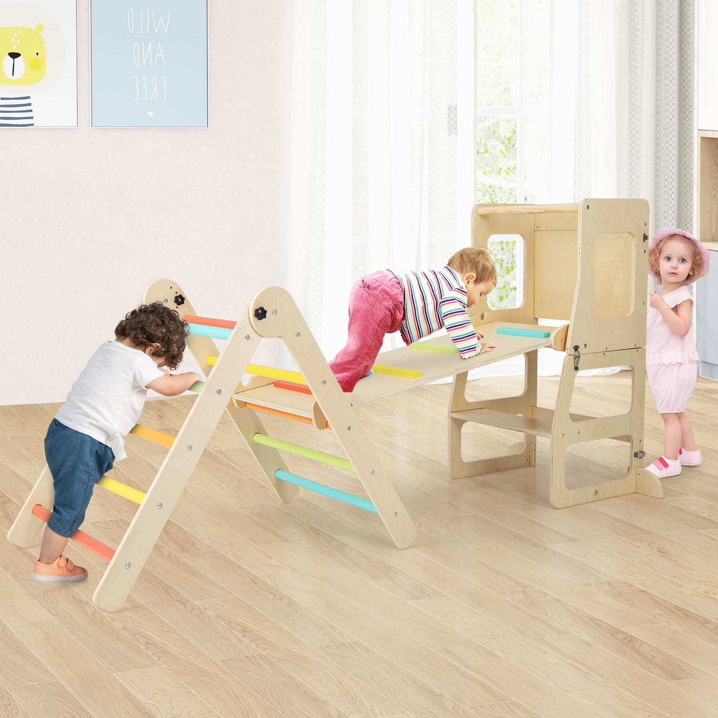 7-in-1 Toddler Climbing Toy Set Folding with Step Stool Ages 3-14 Years Old-Colourful