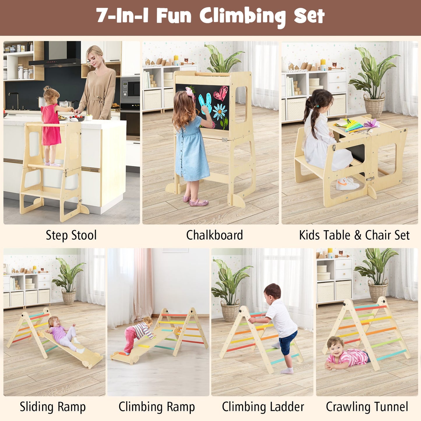 7-in-1 Toddler Climbing Toy Set Folding with Step Stool Ages 3-14 Years Old-Colourful