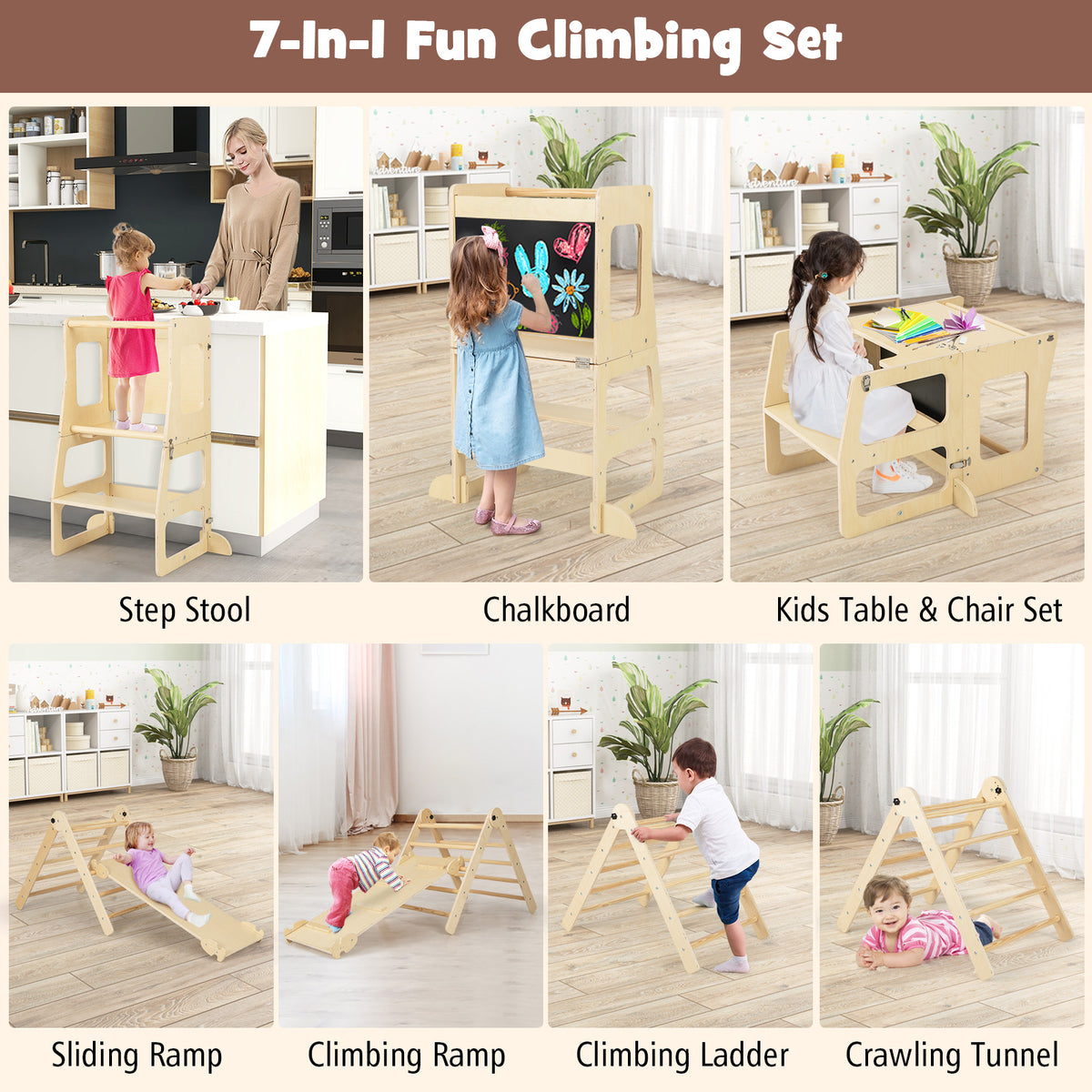 7-in-1 Toddler Climbing Toy Set Folding with Step Stool Ages 3-14 Years Old-Natural