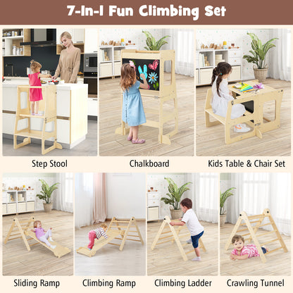 7-in-1 Toddler Climbing Toy Set Folding with Step Stool Ages 3-14 Years Old-Natural