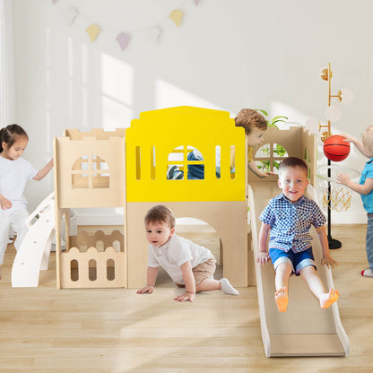 7-in-1 Toddler Slide Set with Ladder and Long Aisle Wooden Playground-Multicolor