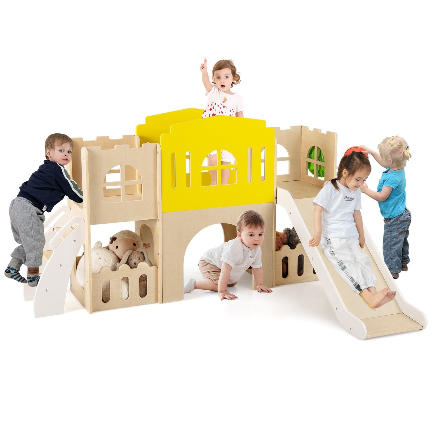 7-in-1 Toddler Slide Set with Ladder and Long Aisle Wooden Playground-Multicolor