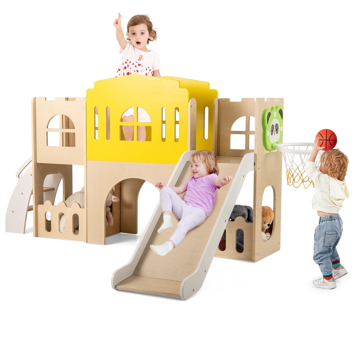 7-in-1 Toddler Slide Set with Ladder and Long Aisle Wooden Playground-Multicolor