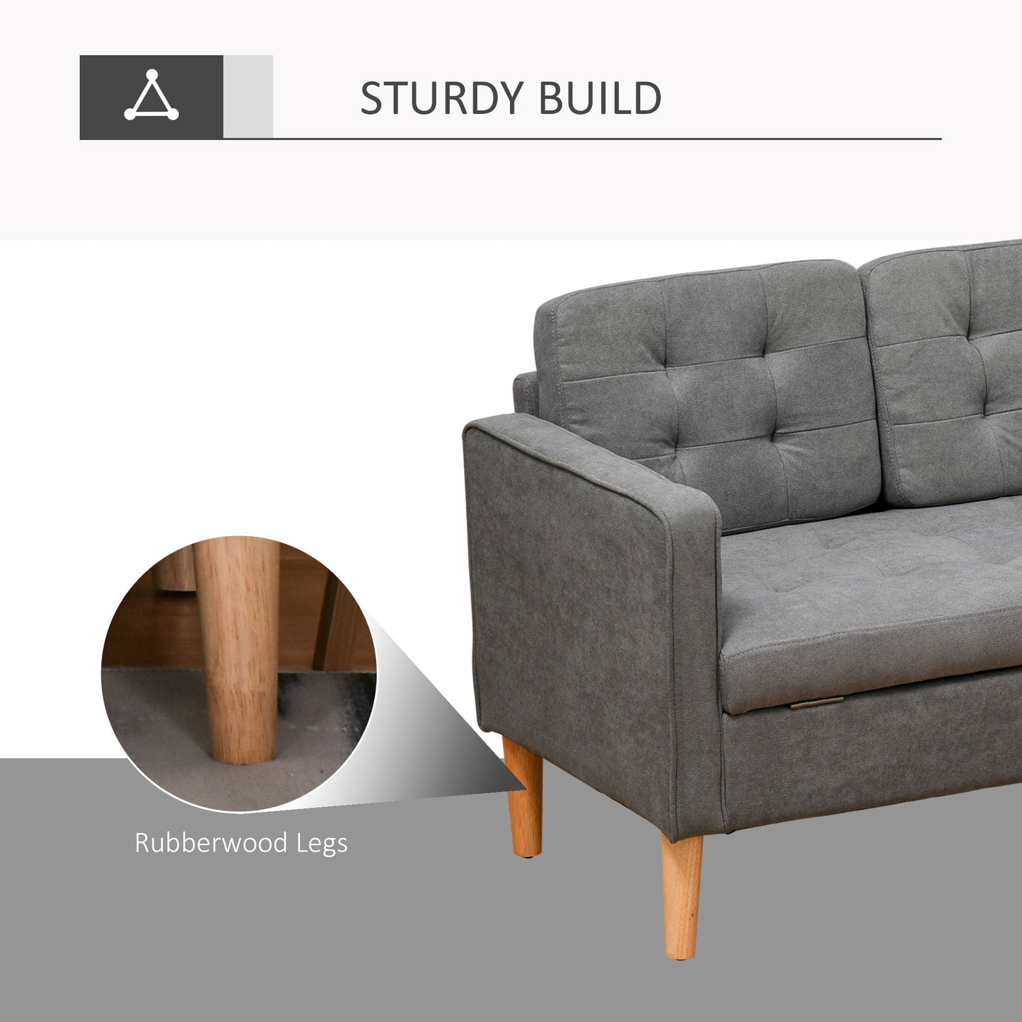 HOMCOM Nowoczesna 3-osobowa sofa z ukrytym schowkiem, 169 cm pikowana bawełniana kanapa z drewnianymi nogami, kompaktowa sofa do salonu, szara