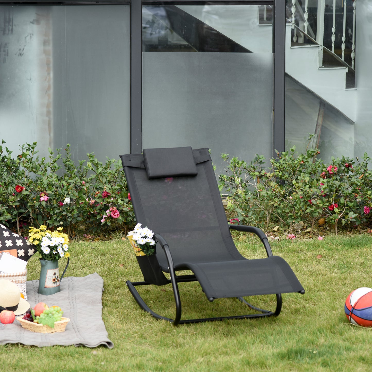 Outsunny Outdoor Garden Rocking Chair, Patio Sun Lounger Rocker Chair with Breathable Mesh Fabric, Removable Headrest Pillow, Armrest, Side Storage Bag, Black