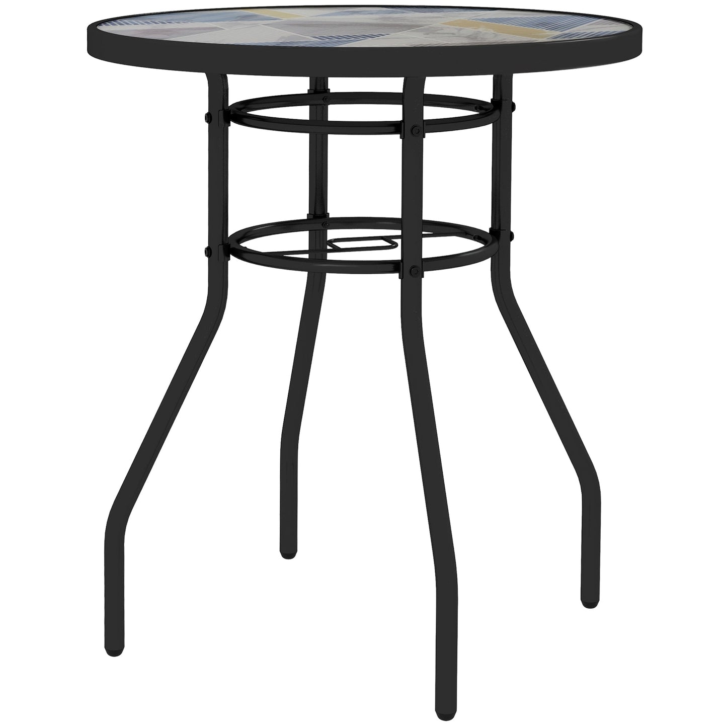 Outsunny Tempered Glass Top Garden Table with Glass Printed Design, Steel Frame, Foot Pads for Porch, Balcony, Multicolour