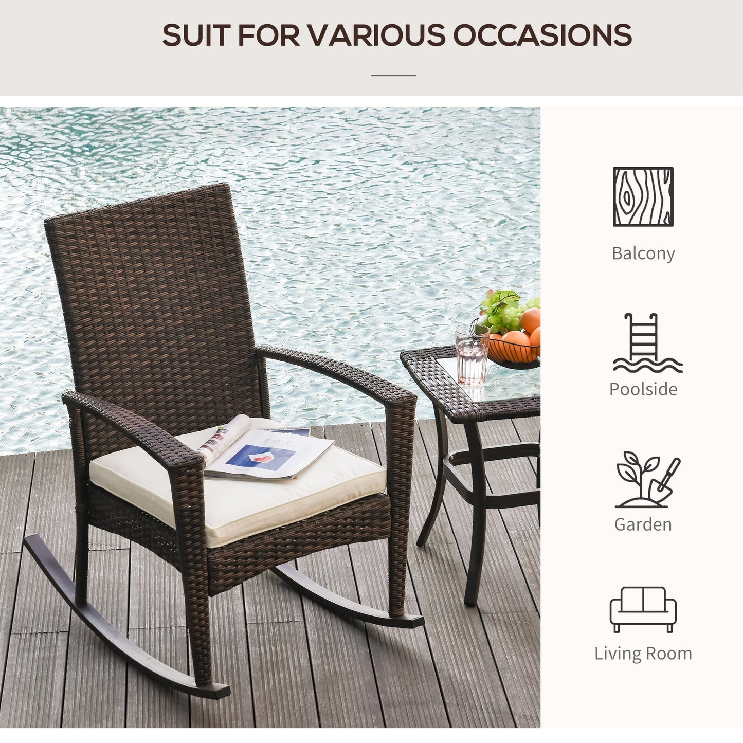 Outsunny Rattan Rocking Chair Rocker Garden Furniture Seater Patio Bistro Relaxer Outdoor Wicker Weave with Cushion - Brown